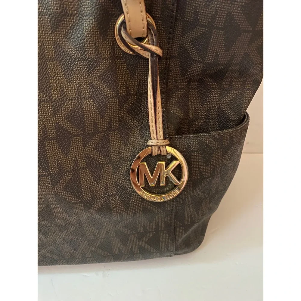 Michael Kors Jet Set Travel Tote Bag Brown Signature Logo MK Gold Hardware